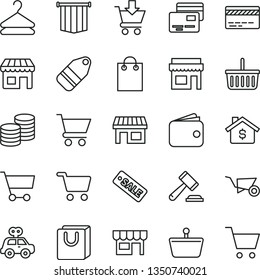 thin line vector icon set - grocery basket vector, bank card, hammer of a judge, motor vehicle present, building trolley, cart, put in, bag with handles, cards, kiosk, coins, hanger, label, stall