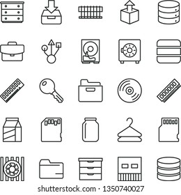thin line vector icon set - folder vector, storage unit, chest of drawers, key, CD, big data, suitcase, put in a box, strongbox, package, hanger, unpacking, jar, radiator fan, memory, hdd, usb