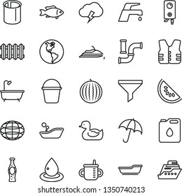 thin line vector icon set - mug for feeding vector, rubber duck, children's bathroom, bath, bucket, new radiator, faucet mixer, boiler, umbrella, storm cloud, fish, bottle of soda, water melon, drop
