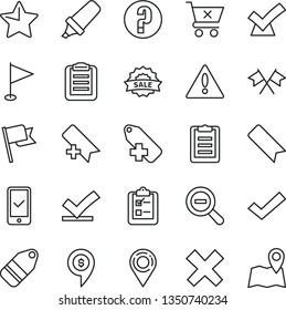 thin line vector icon set - warning vector, add bookmark, zoom out, check mark, cross, label, pennant, question, star, flag, crossed cart, survey, location, text highlighter, sale, clipboard, flags