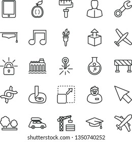 thin line vector icon set - paint roller vector, tower crane, traffic signal, expand picture, unpacking, half of guawa, round flask, hydroelectricity, trees, mercury thermometer, woman, tablet pc