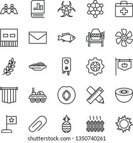 thin line vector icon set - clip vector, envelope, first aid kit, concrete mixer, writing accessories, boiler, slices of onion, fish, a pineapple, plum, kiwi, marine propeller, gear, vintage sign
