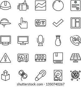 thin line vector icon set - warning vector, check mark, line chart, measuring cup for feeding, safety pin, e, window, construction helmet, hawser, index finger, microphone, screen, 24, unpacking