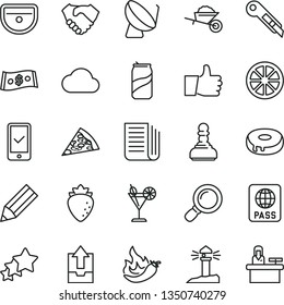 thin line vector icon set - upload archive data vector, garden trolley, sink, stationery knife, thumb up, passport, piece of pizza, cake with a hole, cocktail, soda can, raspberry, juicy lemon, pawn