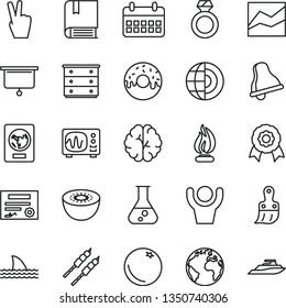 thin line vector icon set - bell vector, sign of the planet, line chart, chest drawers, e, plastic brush, glazed cake with a hole, barbecue, orange, kiwi, calendar, flask, brain, oscilloscope, flame