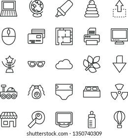 thin line vector icon set - monitor vector, downward direction, feeding bottle, diaper, stacking rings, laying out, building block, cards, move up, kiosk, text highlighter, notebook pc, mouse, cloud