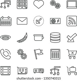 thin line vector icon set - heart symbol vector, rss feed, toys over the cradle, cot, chest of drawers, children's potty, gears, envelope, left bottom arrow, flag, crossed cart, plate, peas, card