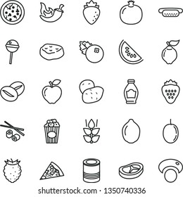 thin line vector icon set - tin vector, pizza, piece of, mini hot dog, bacon, meat, chili, coffee beans, Chupa Chups, Chinese chopsticks, cup popcorn, blueberries, strawberry, mint, bottle, quince