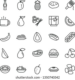 thin line vector icon set - stick of sausage vector, Hot Dog, burger, onion, spaghetti, pie, a plate fruit, bacon, piece meat, garlic, sushi set, japanese, cup tea, glass, bottle soda, cherry, pear