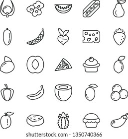 thin line vector icon set - piece of cheese vector, pizza, Hot Dog, cake, muffin, meat, popcorn, raspberry, blueberries, half peach, water melon slice, date fruit, ripe plum, lemon, yellow, banana