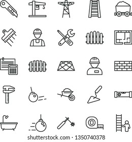 thin line vector icon set - crane vector, builder, workman, brickwork, big core, garden trolley, building trowel, small tools, measuring tape, stepladder, bath, lay out of flat, construction level