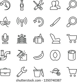 thin line vector icon set - tassel vector, desktop microphone, women, measuring cup for feeding, car child seat, children's sand set, garden trolley, small tools, bottle of soda, half peach, banana