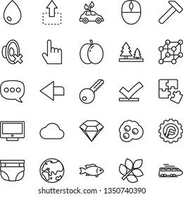 thin line vector icon set - left direction vector, silent mode, nappy, Puzzles, key, star gear, hammer, index finger, drop, screen, move up, fish, omelette, apple, planet, forest, speech, mouse