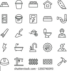 thin line vector icon set - crane vector, dwelling, builder, brickwork, garden trolley, trowel, hand saw, bucket, paint, toilet, bath, sewerage, interroom door, construction helmet, brick, star gear