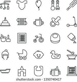 thin line vector icon set - toys over the cradle vector, dummy, mug for feeding, measuring cup, new abacus, baby powder, bib, Child T shirt, stroller, electronic thermometer e, rubber duck, bath