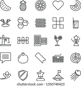thin line vector icon set - image of thought vector, bookmark, keyboard, city block, tile, ceramic tiles, heart, a glass soda, cocktail, honeycombs, pomegranate, slice tangerine, juicy lemon, radar