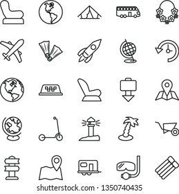thin line vector icon set - Baby chair vector, car child seat, Kick scooter, building trolley, map, planet Earth, coastal lighthouse, rocket, history, globe, camper, bus, taxi, plane, tent, flippers