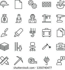 thin line vector icon set - clean sheet of paper vector, crane, brickwork, hook, winch, building trowel, drill, long meashuring tape, plastic brush, portfolio, writing accessories, helmet, case