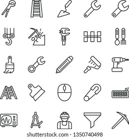 thin line vector icon set - repair key vector, graphite pencil, safety pin, iron fork spoons, winch hook, building trowel, adjustable wrench, cordless drill, paint roller, wooden brush, stepladder