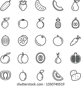 thin line vector icon set - cucumber vector, carrot, strawberries, a pineapple, orange, ripe peach, apple, half pomegranate, quince, strawberry, blueberry, melon, slice of, water, tangerine, loquat