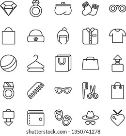 thin line vector icon set - paper bag vector, purse, hat with glasses, bath ball, accessories for a hairstyle, comb, warm socks, shoes little children, winter, handles, T shirt, folded, hanger, hand