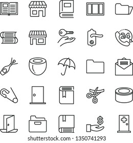 thin line vector icon set - book vector, open pin, e, books, window frame, door knob, ntrance, received letter, umbrella, folder, 24, canned goods, half of coconut, kiosk, stall, get a wage, exit