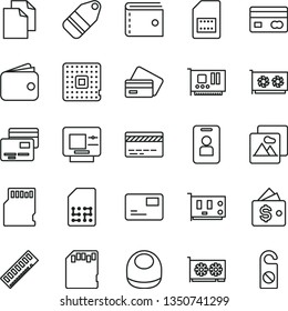 thin line vector icon set - bank card vector, purse, clean paper, baby bib, picture, pass, cards, label, processor, SIM, reverse side of a, wallet, memory, pc, gpu, sd, atm, credit, access