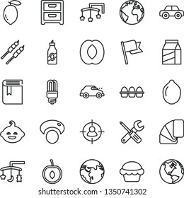 thin line vector icon set - sign of the planet vector, book, toys over cradle, cot, motor vehicle, funny hairdo, small tools, sample colour, flag, nightstand, package, bundle eggs, cake, barbecue