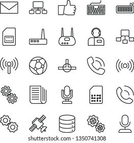 thin line vector icon set - desktop microphone vector, envelope, keyboard, thumb up, big data, phone call, operator, gears, SIM card, scheme, hierarchical, newspaper, router, network, connect
