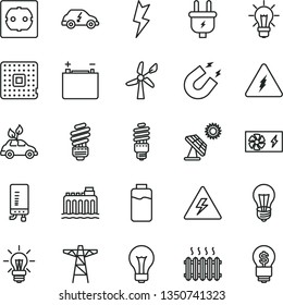 thin line vector icon set - danger of electricity vector, matte light bulb, saving, power socket type f, lightning, electronic boiler, charge level, big solar panel, wind energy, accumulator, pole