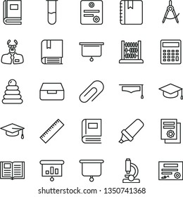 thin line vector icon set - clip vector, yardstick, calculator, stacking rings, e, abacus, book, notebook, drawer, square academic hat, scribed compasses, text highlighter, scientific publication