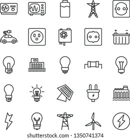 thin line vector icon set - matte light bulb vector, incandescent lamp, power socket type f, lightning, charge level, windmill, battery, hydroelectric station, hydroelectricity, line, pole, plug