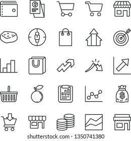thin line vector icon set - grocery basket vector, purse, growth up, line chart, graph, negative histogram, put in cart, bag with handles, kiosk, coins, piece of meat, blueberry, shopping, a crisis