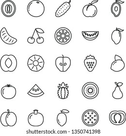 thin line vector icon set - cucumber vector, strawberry, pear, cherry, ripe peach, apple, pomegranate, tasty, mango, half of, melon, water slice, tangerine, lemon, yellow, juicy, kiwi, passion fruit