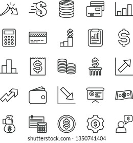 thin line vector icon set - bank card vector, growth up, dollar, bar chart, negative, calculation, cards, coins, column of, a crisis, statistical report, denomination the, financial item, wallet