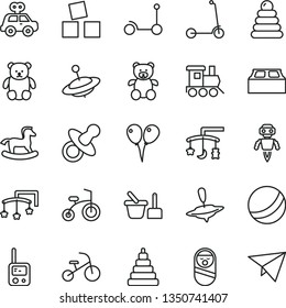 thin line vector icon set - toys over the cradle vector, cot, dummy, bath ball, stacking rings, toy, motor vehicle present, roly poly doll, phone, sand set, teddy bear, small, baby train, yule