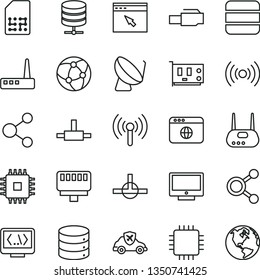 thin line vector icon set - screen vector, big data, server, autopilot, satellite dish, SIM, connection, connections, cpu, pc card, router, network, browser, connect, coding, lan connector, wireless