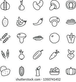 thin line vector icon set - fried vegetables on sticks vector, onion, slices of, mushroom, porcini, lettuce in a plate, meat skewers, cabbage, peper, beet, carrot, mulberry, sweet date fruit, hot