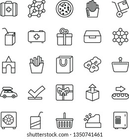 thin line vector icon set - grocery basket vector, bag of a paramedic, medical, e, packing juice with straw, box bricks, drawer, strongbox, handles, gift, shipment, unpacking, pizza, French fries