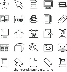 thin line vector icon set - monitor window vector, clip, add bookmark, zoom, book, e, books, home, calendar, star, delete page, copy, statistical report, wall, newspaper, printer, coding, cursor