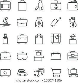 thin line vector icon set - paper bag vector, first aid kit, toys over the cot, of a paramedic, portfolio, suitcase, case, glass tea, cart, briefcase, wallet, purse, dollars, hand, money, backpacker