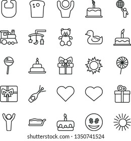 thin line vector icon set - heart symbol vector, toys over the cradle, bib, rubber duck, teddy bear, children's train, cake, birthday, gift, Easter, slice, torte, Chupa Chups, lollipop, giftbox, sun