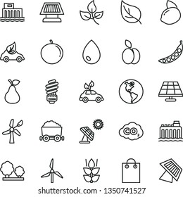 thin line vector icon set - saving light bulb vector, drop, apple, pear, mint, tangerine, yellow lemon, peas, solar panel, big, leaves, leaf, windmill, wind energy, planet Earth, hydroelectricity