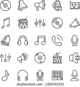 thin line vector icon set - bell vector, desktop microphone, horn, silent mode, drumroll, drum, headphones, music, CD, no sound, phone call, megaphone, loudspeaker, pc card, speaker, note, settings