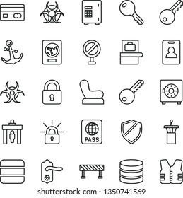 thin line vector icon set - prohibition vector, Baby chair, key, door knob, road fence, lock, anchor, passport, strongbox, reverse side of a bank card, big data, encrypting, biohazard, airport tower
