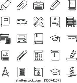 thin line vector icon set - clip vector, graphite pencil, book, new abacus, e, portfolio, buildings, writing accessories, drawing, calculation, square academic hat, scribed compasses, on statistics