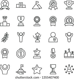 thin line vector icon set - star vector, pedestal, medal, winner, laurel branch, podium, prize, award, cup, gold, reward, man hands up, with, motivation, mountain flag, first place, pennant, ribbon