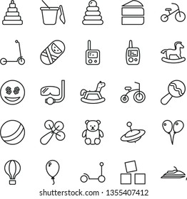 thin line vector icon set - beanbag vector, baby rattle, bath ball, stacking rings, toy, tumbler, phone, mobile, children's sand set, small teddy bear, yule, rocking horse, cubes for children