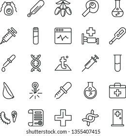 thin line vector icon set - first aid kit vector, plus, electronic thermometer e, mercury, temperature, cardiogram, garlic, goji berry, round flask, research article, test tube, dna, bactery