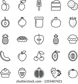 thin line vector icon set - cake vector, muffin, piece of, apple pie, popsicle, jam, strawberry, a pineapple, biscuit, cherry, pomegranate, half, branch grape, quince, red, tasty, medlar, raspberry